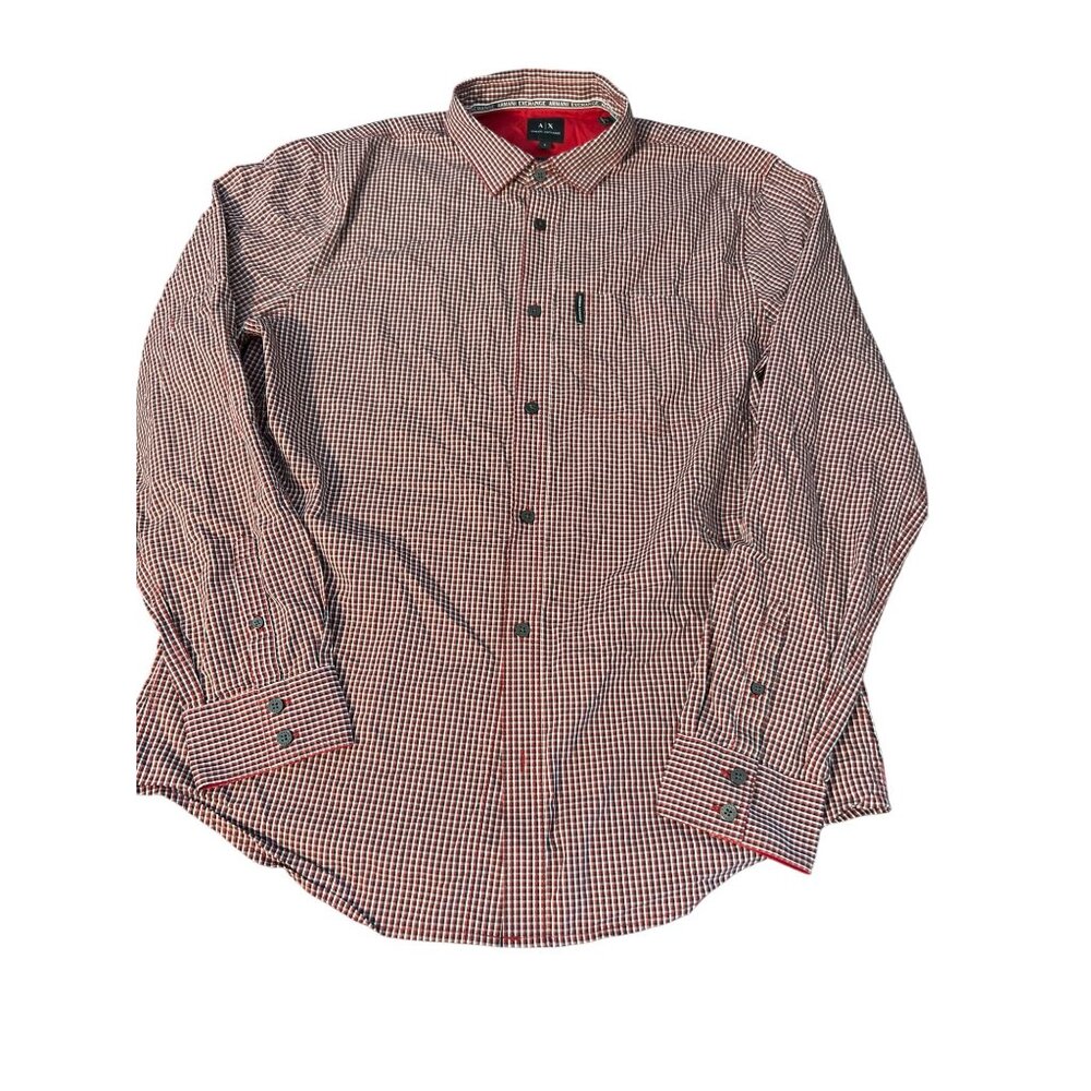 Armani Exchange Slim Fit Shirt Red White Black Gingham Check Button Down Sz L